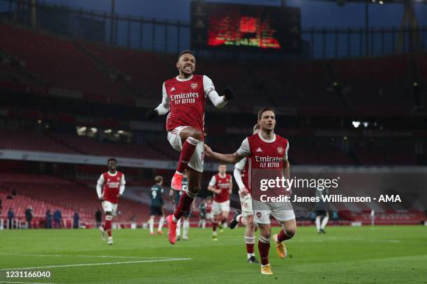 Pierre-Emerick Aubameyang of Arsenal celebrates after scoring a goal to make it 2-0 during the Premier League match between Arsenal and Leeds United...