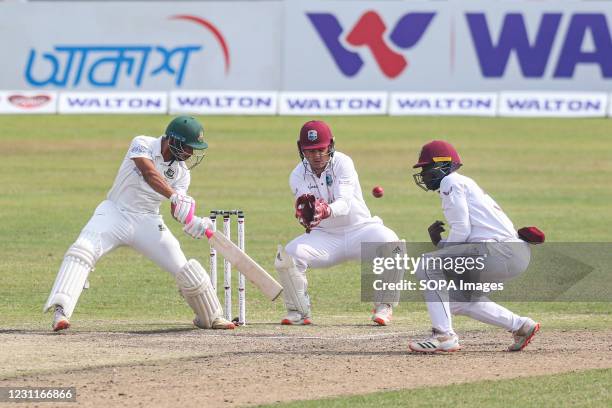 Bangladesh's Najmul Hossain Shanto plays a shot during the fourth day of the second Test cricket match between West Indies and Bangladesh at the...