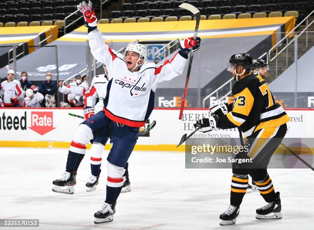 Jakub Vrana of the Washington Capitals celebrates his second period goal against the Pittsburgh Penguins at PPG PAINTS Arena on February 14, 2021 in...