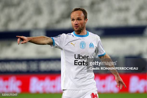 Marseille's French forward Valere Germain gestures during the French L1 football match between FC Girondins de Bordeaux and Olympique de Marseille at...