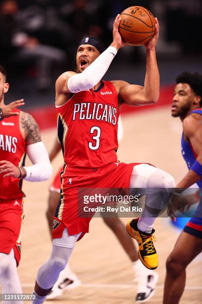 Josh Hart of the New Orleans Pelicans goes up for a shot in the first half against the Detroit Pistons at Little Caesars Arena on February 14, 2021...