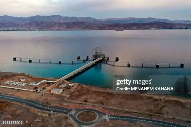 This picture taken on February 9, 2021 shows an aerial view of the Eilat-Ashkelon Pipeline Company's oil terminal by Israel's southern Red Sea port...