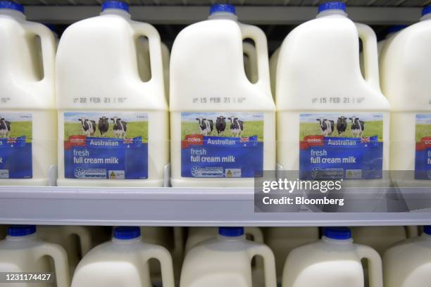 Full cream milk in fridges at the Coles Group Ltd. Supermarket in the Elsternwick suburb of Melbourne, Australia, on Thursday, Feb. 11, 2021....