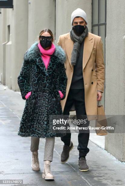 Olivia Palermo and Johannes Huebl are seen on February 14, 2021 in New York City.