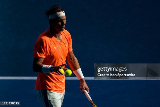 Rafael Nadal of Spain prepares to receive the ball during round 4 of the 2021 Australian Open on February 15 2021, at Melbourne Park in Melbourne,...