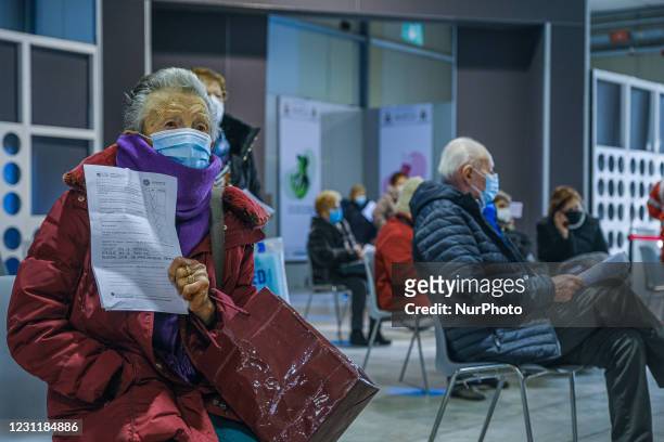 In the picture seniors over 80 waiting to receive the first dose of the vaccine against Covid19 inside the Padua Fiere Pavilion set up for the...