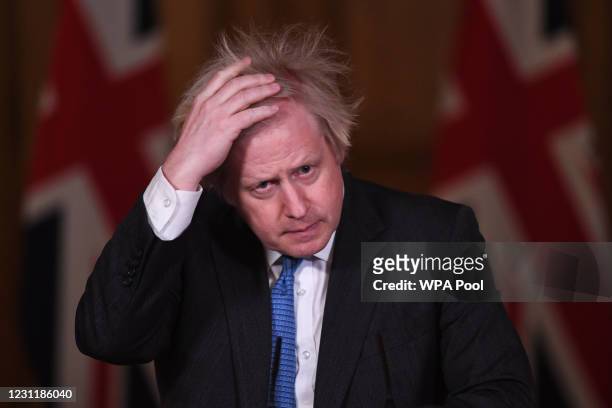 Prime Minister Boris Johnson talks during a Covid-19 media briefing in Downing Street on February 15, 2021 in London, England.