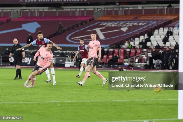 Ryan Fredericks of West Ham United scores their 3rd goal during the Premier League match between West Ham United and Sheffield United at London...