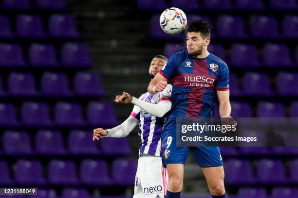 Joaquin Fernandez of Real Valladolid, Rafa Mir of SD Huesca during the La Liga Santander match between Real Valladolid v SD Huesca at the Jose...