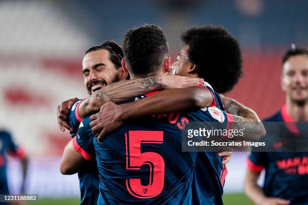 Suso of Sevilla FC, Lucas Ocampos of Sevilla FC, Jules Kounde of Sevilla FC celebrates goal 0-1 during the Spanish Copa del Rey match between UD...