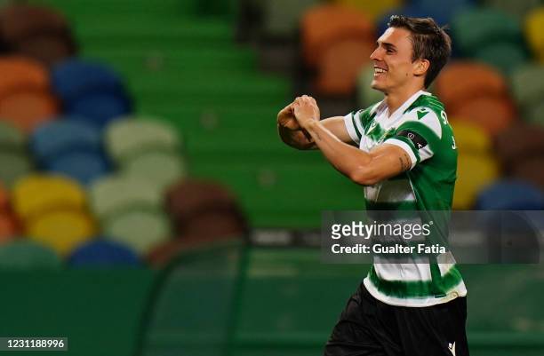 Joao Palhinha of Sporting CP celebrates after scoring a goal during the Liga NOS match between Sporting CP and FC Pacos de Ferreira at Estadio Jose...