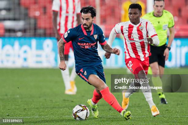 Suso of Sevilla FC, Largie Ramazani of UD Almeria during the Spanish Copa del Rey match between UD Almeria v Sevilla at the Estadio de los Juegos...