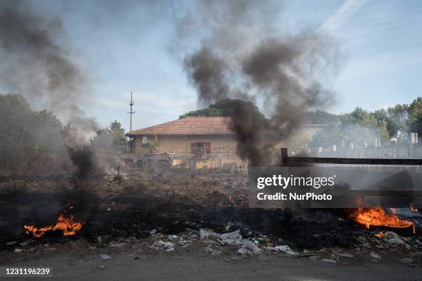 This photo taken on September 15, 2019 shows the remnants of a toxic fire in Villa Literno , a consequence of the Terra dei Fuochi &quot;Land of the...