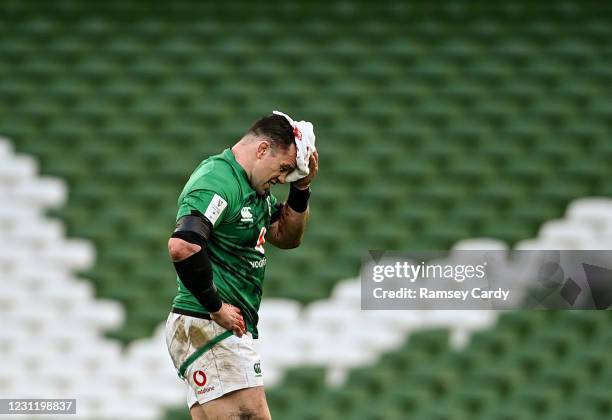 Dublin , Ireland - 14 February 2021; Cian Healy of Ireland leaves the pitch for a head injury assessment during the Guinness Six Nations Rugby...