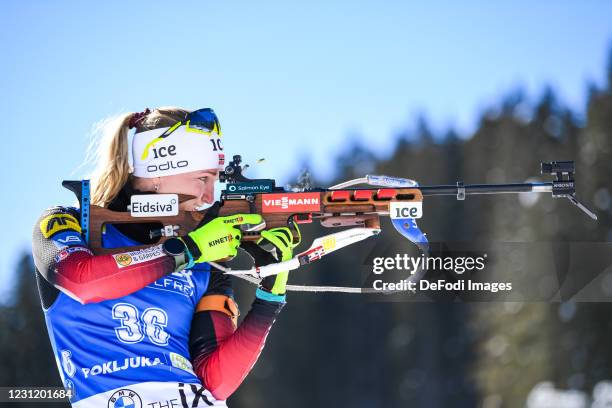 Marte Olsbu Roeiseland of Norway at the shooting range during the Women 15 km Individual Competition at the IBU World Championships Biathlon Pokljuka...