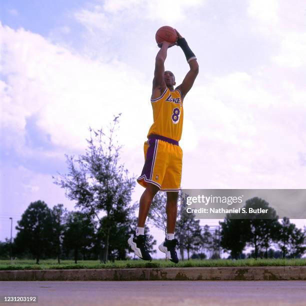 Kobe Bryant of the Los Angeles Lakers drives to the basket during the 1996 NBA Rookie Photo Shoot on September 20, 1996 in Orlando, Florida. NOTE TO...