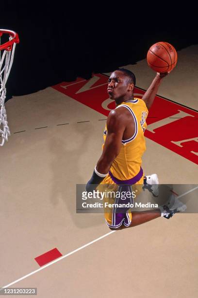 Kobe Bryant of the Los Angeles Lakers drives to the basket during the 1996 NBA Rookie Photo Shoot on September 20, 1996 in Orlando, Florida. NOTE TO...
