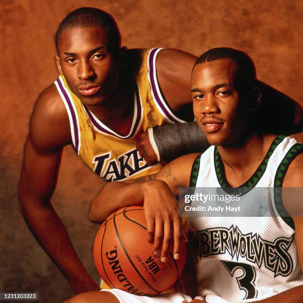 Kobe Bryant of the Los Angeles Lakers and Stephon Marbury of the Minnnesota Timberwolves pose for a portrait during the 1996 NBA Rookie Photo Shoot...