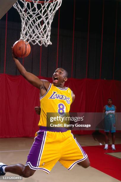 Kobe Bryant of the Los Angeles Lakers drives to the basket during the 1996 NBA Rookie Photo Shoot on September 20, 1996 in Orlando, Florida. NOTE TO...