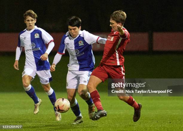 James Norris of Liverpool and Jay Haddow of Blackburn Rovers in action during the U18 Premier League game at AXA Training Centre on February 15, 2021...