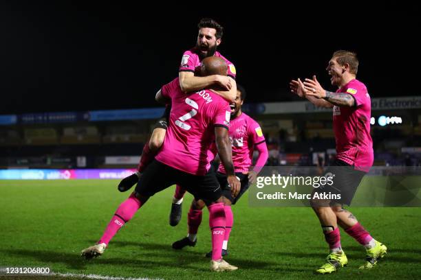 Andre Wisdom of Derby County celebrates scoring the winning goal with Graeme Shinnie, Nathan Byrne and Martyn Waghorn during the Sky Bet Championship...