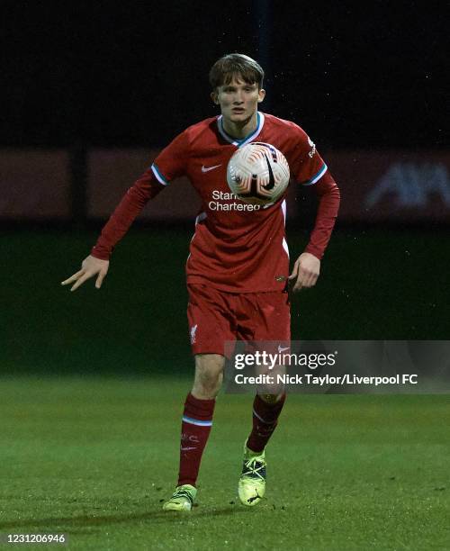 Terrence Miles of Liverpool in action during the U18 Premier League game at AXA Training Centre on February 16, 2021 in Kirkby, England.