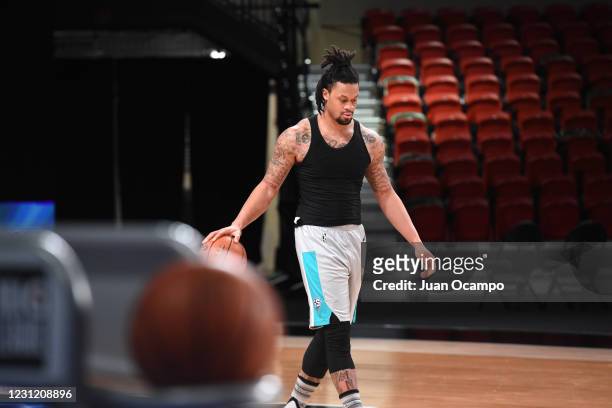 McDaniels of the Greensboro Swarm warms up before the game on February 16, 2021 at AdventHealth Arena in Orlando, Florida. NOTE TO USER: User...