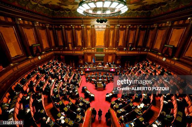 General vies shows the Senate as Italy's new Prime Minister Mario Draghi addresses the Senate on February 17, 2021 in Rome, before submitting his...