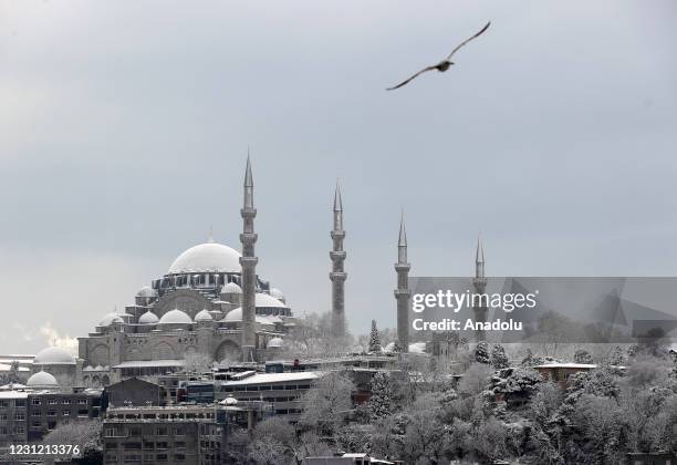 View of Suleymaniye Mosque following snowfall in Istanbul, Turkey on February 17, 2021.