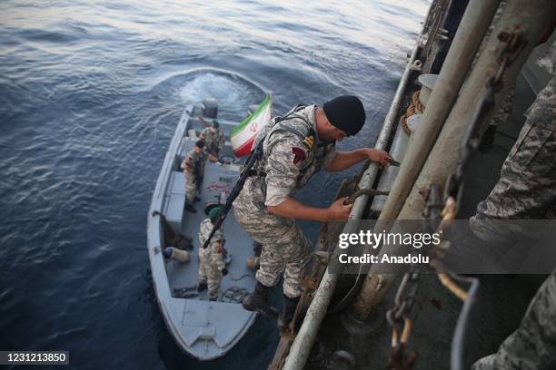 Iranian and Russian navies attend a joint military exercise in the Arabian Sea and north of the Indian Ocean, on February 17, 2021. The exercise...