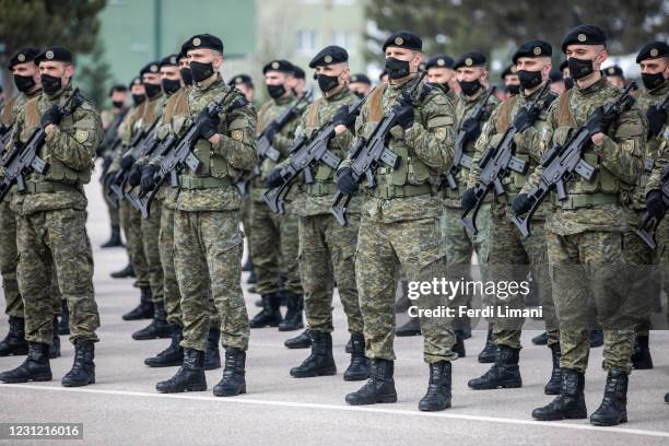 Soldiers of Kosovo Army during the military parade on February 17, 2021 in Pristina, Kosovo. A decade after the 1998-99 war between ethnic Albanian...