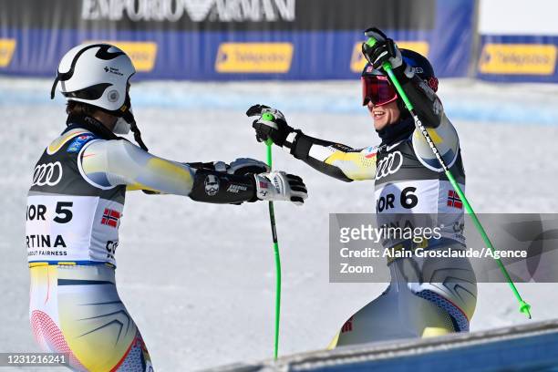 Sebastian Foss-solevaag of Norway, Fabian Wilkens Solheim of Norway celebrate during the FIS Alpine Ski World Championships Team's Parallel Event on...
