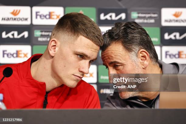 Sven Botman of Lille OSC, Lille OSC coach Christophe Galtier during the press conference prior to the UEFA Europa League match between Lille OSC and...