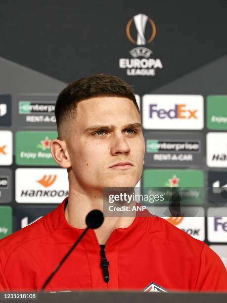 Sven Botman of Lille OSC during the press conference prior to the UEFA Europa League match between Lille OSC and Ajax Amsterdam at Pierre Mauroy...