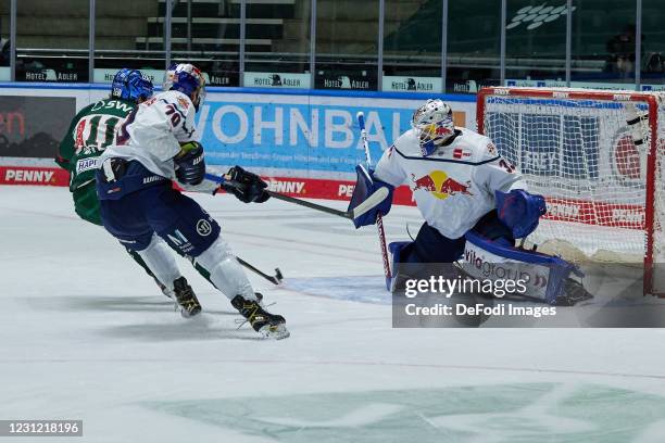 Adam Payerl of Augsburg Panther scores his team`s first goal during the DEL match between Augsburger Panther and EHC Red Bull Muenchen on February...