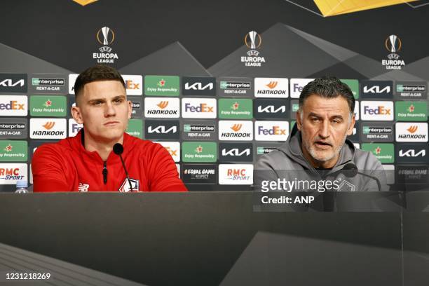 Sven Botman of Lille OSC, Lille OSC coach Christophe Galtier during the press conference prior to the UEFA Europa League match between Lille OSC and...