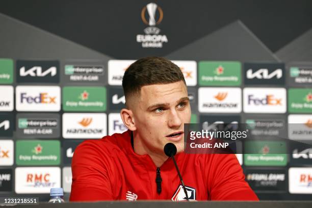 Sven Botman of Lille OSC during the press conference prior to the UEFA Europa League match between Lille OSC and Ajax Amsterdam at Pierre Mauroy...
