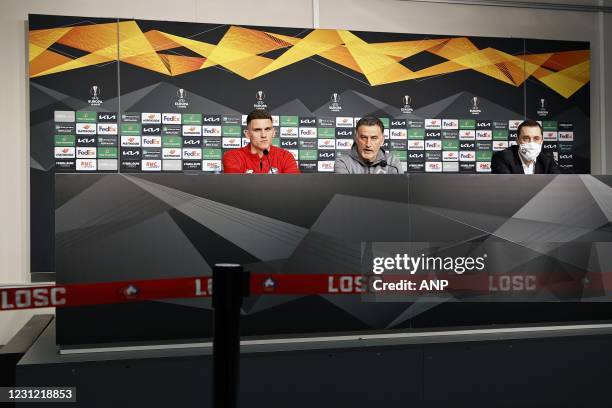 Sven Botman of Lille OSC, Lille OSC coach Christophe Galtier during the press conference prior to the UEFA Europa League match between Lille OSC and...