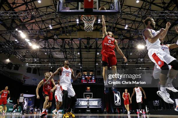 Malachi Flynn of the Raptors 905 goes to the basket against the Agua Caliente Clippers on February 17, 2021 at HP Field House in Orlando, Florida....
