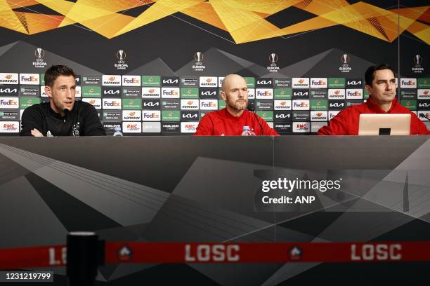 Ajax goalkeeper Maarten Stekelenburg, Ajax coach Erik ten Hag, Ajax press officer Miel Brinkhuis during the press conference prior to the UEFA Europa...