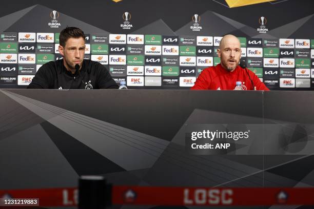 Ajax goalkeeper Maarten Stekelenburg, Ajax coach Erik ten Hag during the press conference prior to the UEFA Europa League match between Lille OSC and...