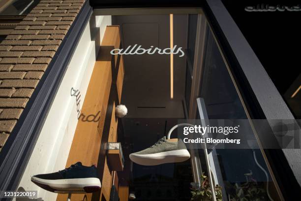 Sneakers displayed at an Allbirds store in the Georgetown neighborhood of Washington, D.C., U.S., on Wednesday, Feb. 17, 2021. Allbirds Inc.,...