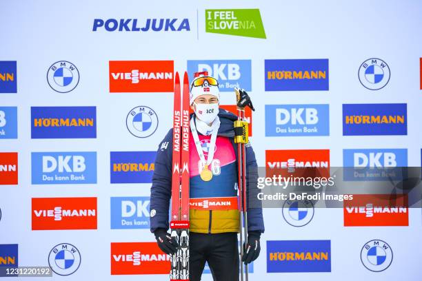 Sturla Holm Laegreid of Norway at the medal ceremony during the Men 20 km Individual Competition at the IBU World Championships Biathlon Pokljuka at...