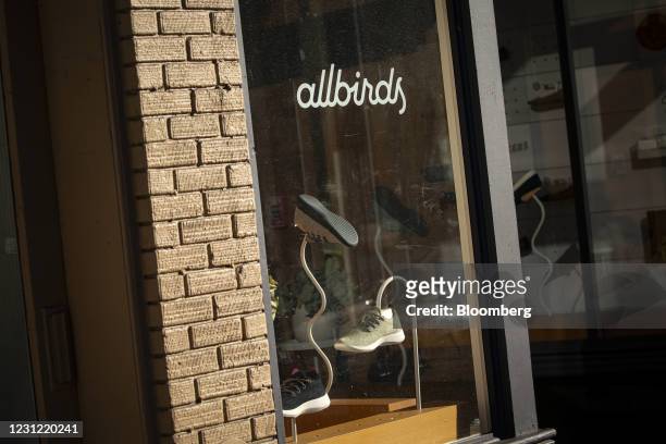 Sneakers displayed at an Allbirds store in the Georgetown neighborhood of Washington, D.C., U.S., on Wednesday, Feb. 17, 2021. Allbirds Inc.,...