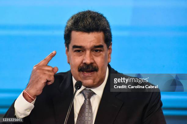 Nicolas Maduro President of Venezuela gestures as he speaks in a press conference at Miraflores Palace on February 17, 2021 in Caracas, Venezuela....