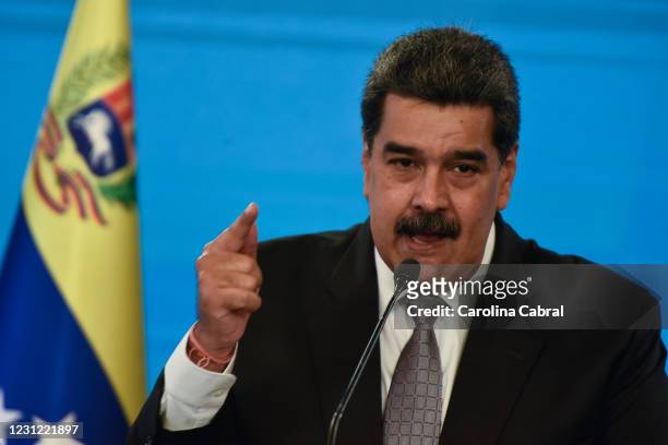 Nicolas Maduro President of Venezuela gestures as he speaks in a press conference at Miraflores Palace on February 17, 2021 in Caracas, Venezuela....