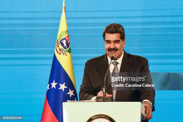 Nicolas Maduro President of Venezuela smiles in a press conference in Miraflores Palace on February 17, 2021 in Caracas, Venezuela. Nicolas Maduro...