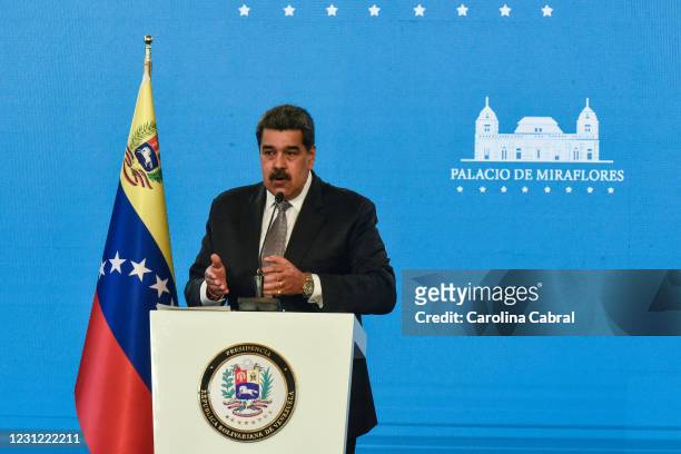Nicolas Maduro President of Venezuela gestures as he speaks in a press conference in Miraflores Palace on February 17, 2021 in Caracas, Venezuela....