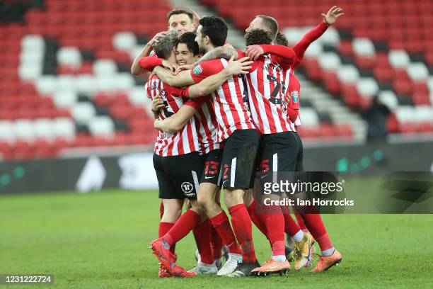 Sunderland players celebrates after Grant Leadbitter scores to take them through to the final during the Papa John's Trophy semi-final between...