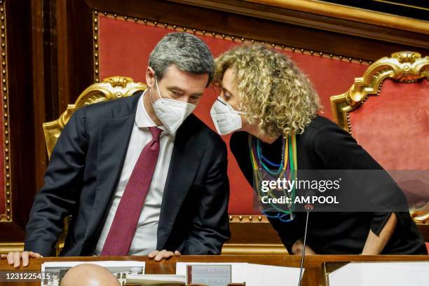 Italian Labour Minister Andrea Orlando and Senator Monica Cirinnà attend the debate ahead of the confidence vote on the new Italian government at the...
